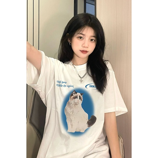 EUNII T-shirt Lengan Pendek Imut Anak Kucing Pencetakan Longgar Korean Style/Kaos Atasan Wanita/Baju Kaus Oversize Wanita