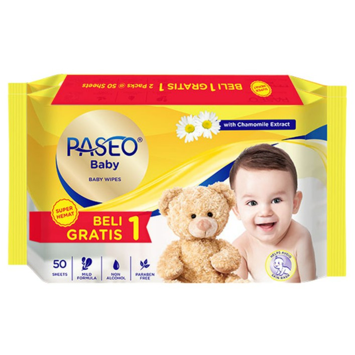 Paseo Baby Tissue Basah Chamomile / Promo (Buy 1 Get 1 FREE)  50 Sheets x 2 Packs