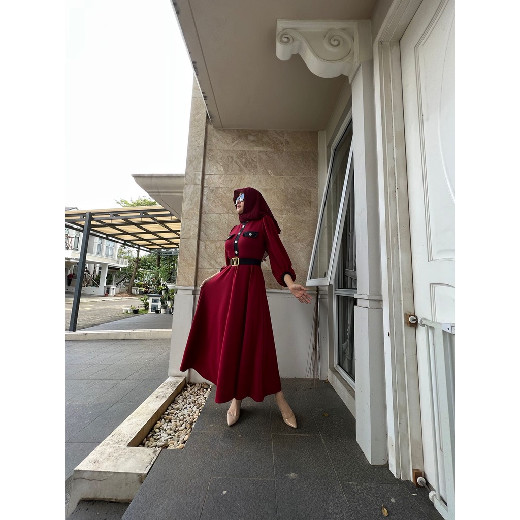 684# Dress Maxi fashion scuba / Gamis scuba garis / Dress muslim +FREE BELT V