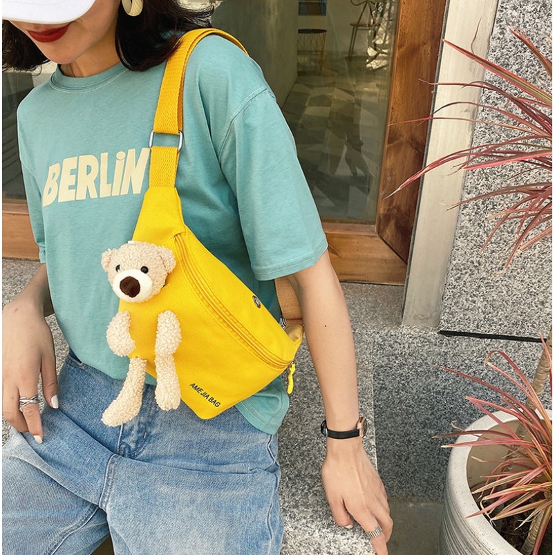 CHIKOISME - AML BEAR Waist Bag Tas Selempang Bahu Waistbag Canvas Gantungan Boneka Lucu Slingbag Unisex  Remaja Cute Korean Import NR