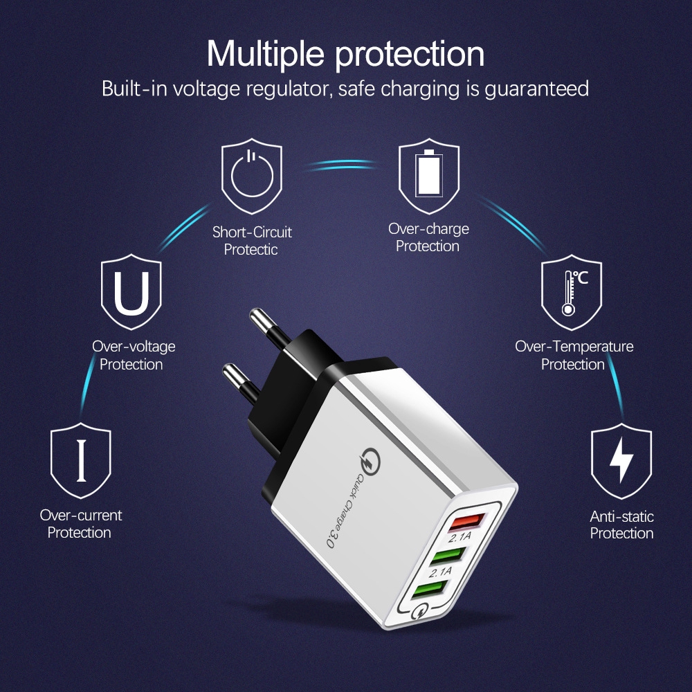 Fast Charger 3 Port QC3.0 Mobile Phone Adaptor 12V EU / US Plug Wall USB Kepala Charger for Mobile Phone