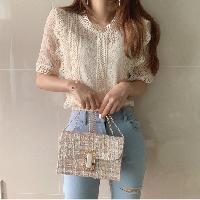 #Sisjuly# Wanita Kemeja Renda Musim Panas Baru Warna Solid Leher Bulat Lengan Pendek Crochet Hollow