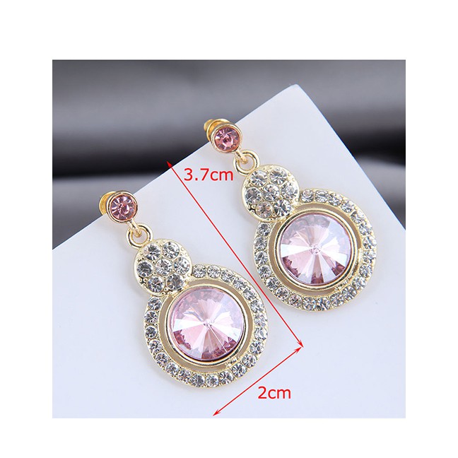 LRC Anting Tusuk Fashion Pink Alloy Earrings With Round Diamonds A61810