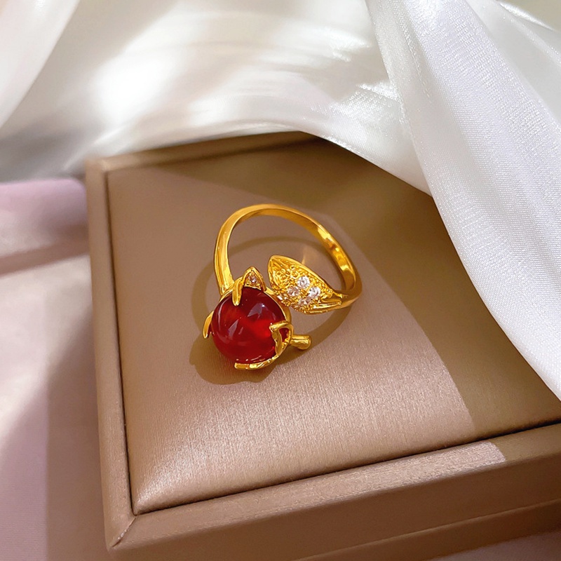 Cincin Titanium Wanita Adjustable Anti karat 18k Emas Rubah Ruby Berlian aksesoris Korea