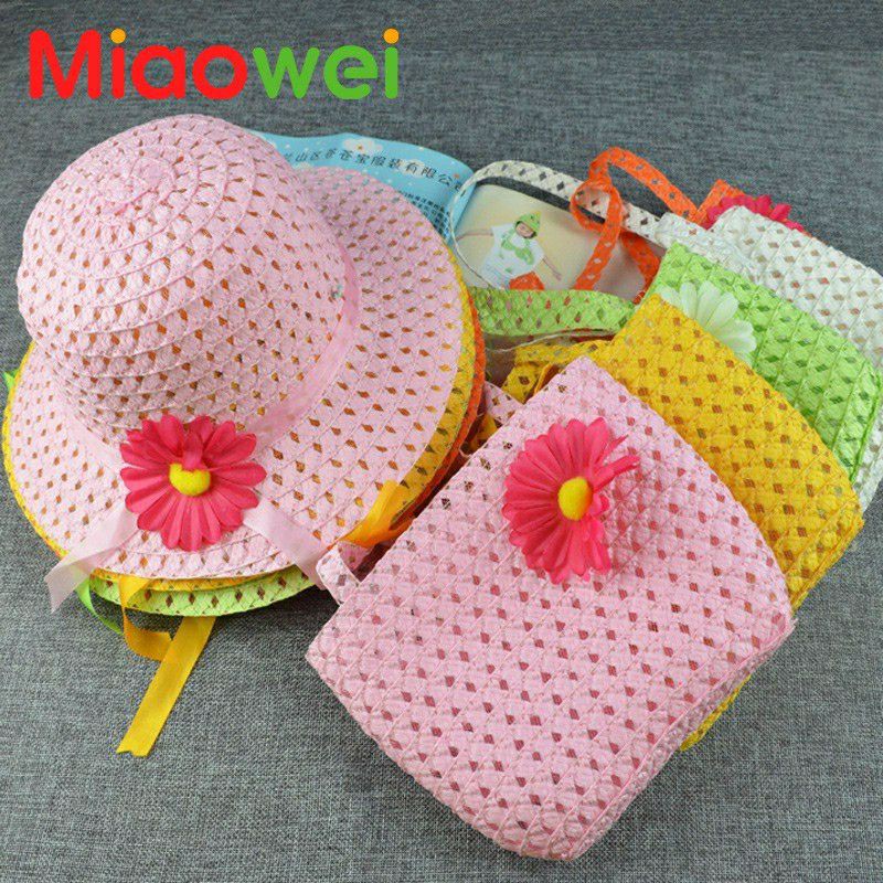 topi lebar + tas rotan pantai bunga summer hat impor murah anak perempuan cewek lucu cantik
