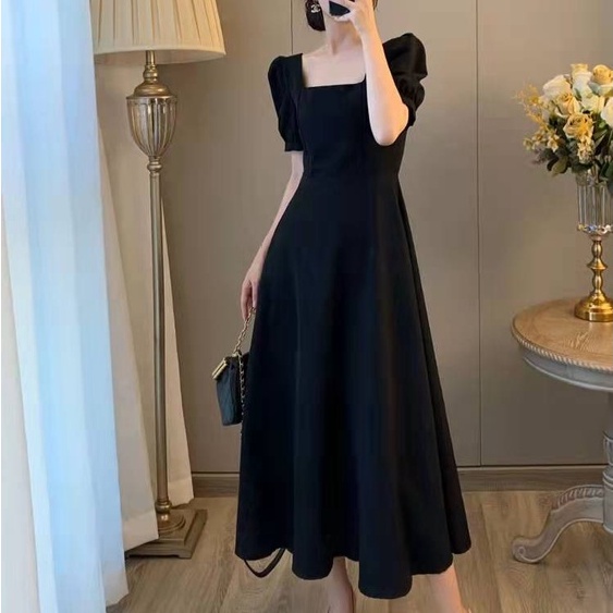 Short Puff Sleeve Midi Dress Wanita Lengan Pendek 2050 (S/M/L)