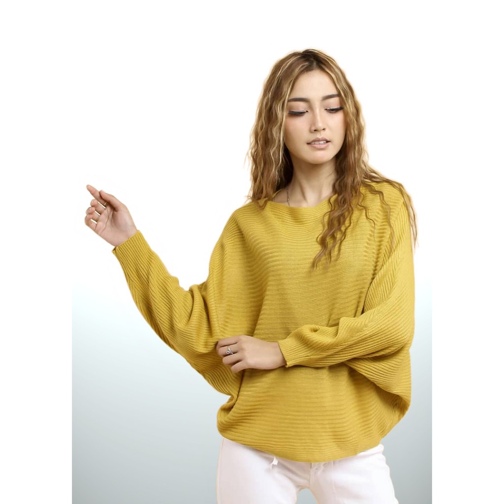 Atasan Rajut Jumbo Wanita Outerwear Blouse Batwing Oversize Lasperal Knit Prily Batwing Kalong Monochrome-Mustard