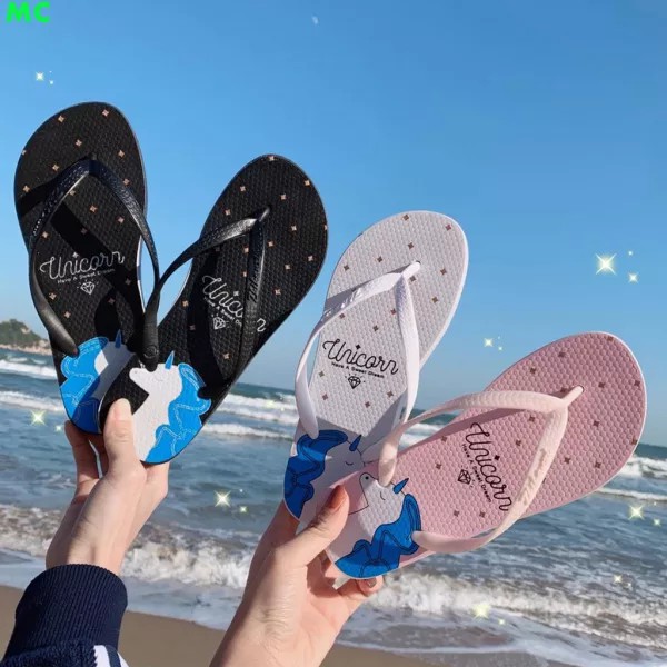 TIKTOK - Strip tipis unicorn kartun sandal jepit