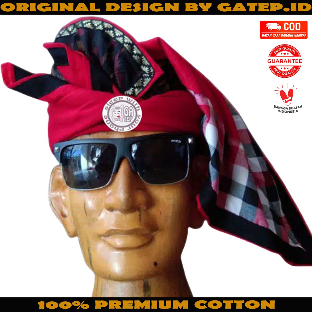 Udeng Pecalang Bali Setengah Jadi Merah Polos Tepi Songket Lis Poleng / Ikat Kepala Bali / Topi Bali