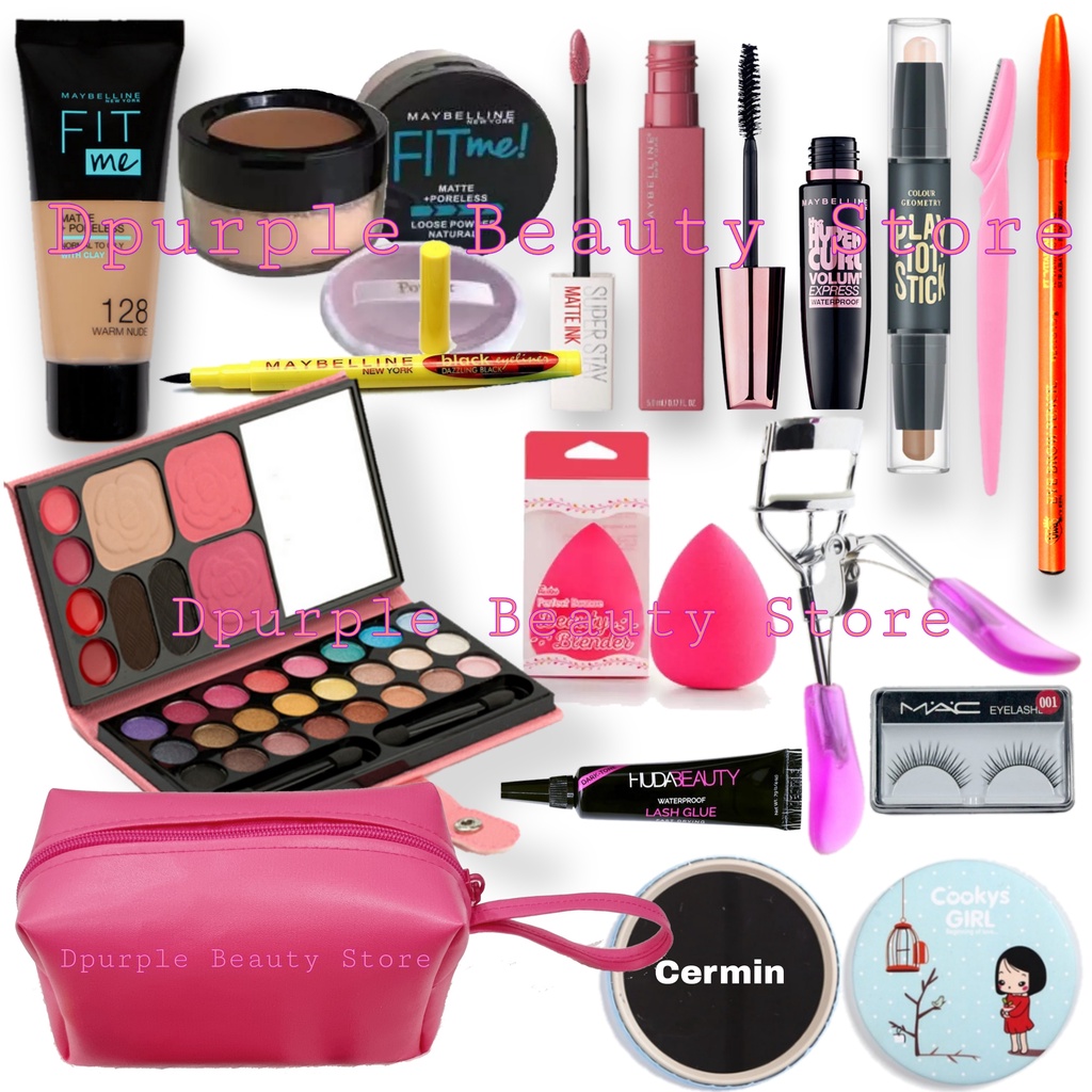 Paket Make Up Maybelline Lengkap Murah 15 in 1 - Paket Kosmetik Maybelline Lengkap 15 in 1 - Bedak Tabur - Fondation - Contour - Eyeshadow - Maskara - Eyeliner - Lipcream - Pensil Alis - Cukuran Alis - Bulu Mata - Pelentik Bulu Mata - Cermin - Tas Make Up