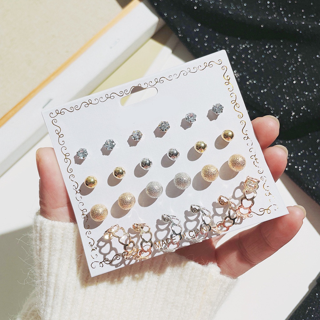 Hu Hu Hu Hu Hu Alat Bantu Pasang Kacamata♡ 12 Pasang Anting Stud Bentuk Bola Geometris Aksen Mutiara Imitasi Gaya Korea Untuk Wanita