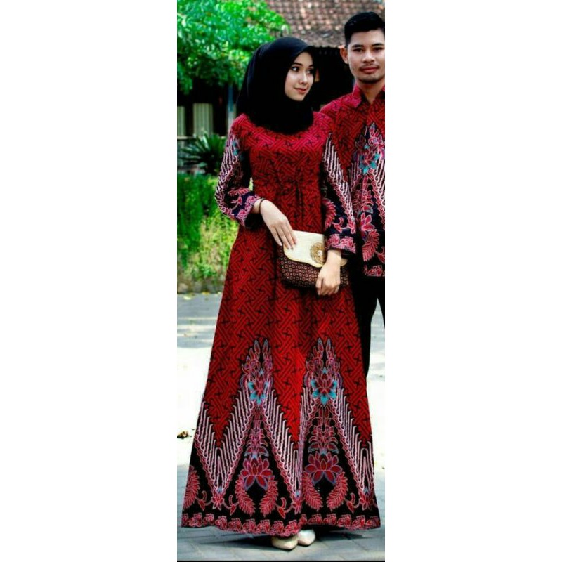 BATIK COUPLE KELUARGA sania ruffle ori ndoro jowi dnt motif pagar bunga merah-Gamis Dewasa