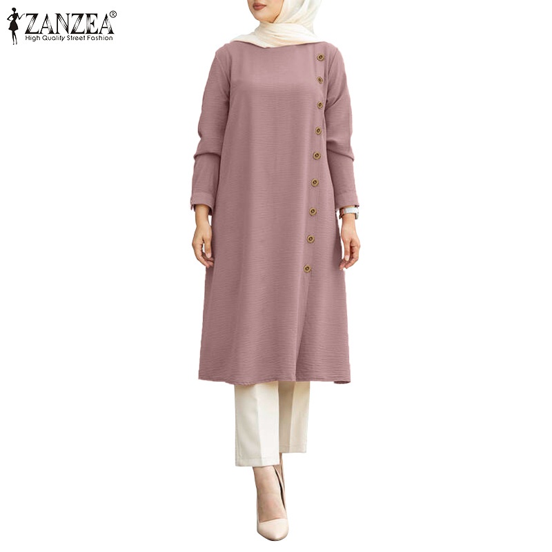 ZANZEA Women Long Sleeve Vintage O Neck Solid Casual Button Cuffs Muslim Blouse