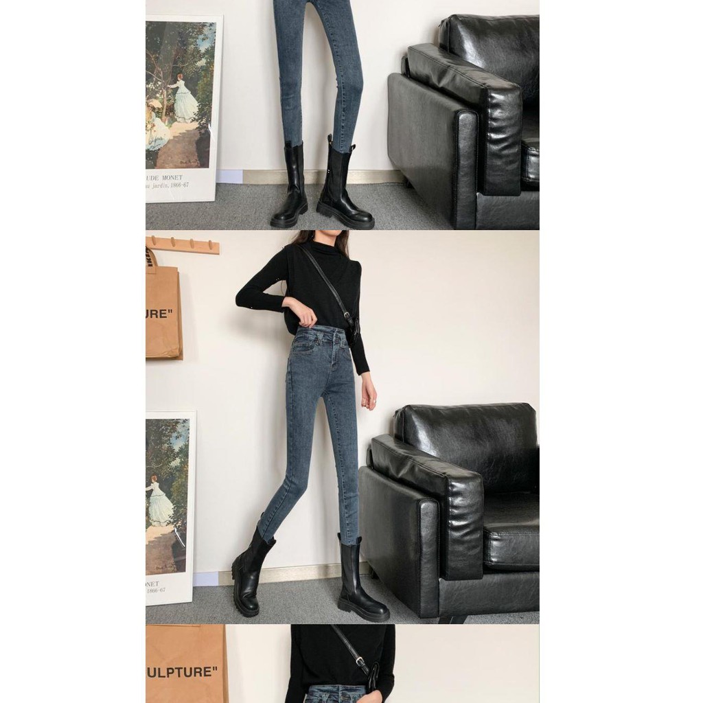 Suhao Retro Tinggi Pinggang Ketat Lurus Celana Jeans Wanita Musim Gugur Celana Kurus Slim Fit Burr C