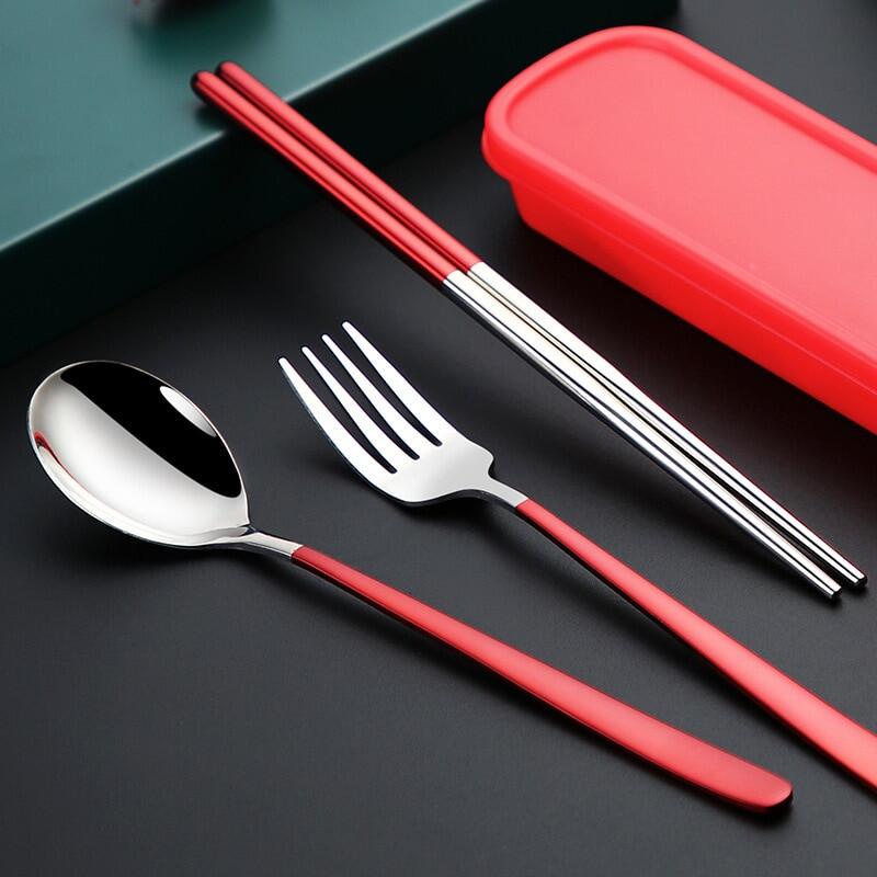 Sendok Makan Set 3pcs Sendok Makan Dengan Tempat Berbahan Stainless Steel Sumpit Sendok Grapu Set