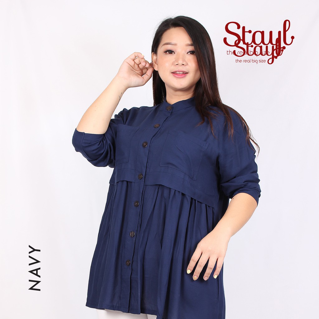 Kemeja Wanita Lengan Panjang LD 100 - 120 3XL Jumbo Rayon Twill 7 Warna Qanita Atasan Big Size XL-Navy