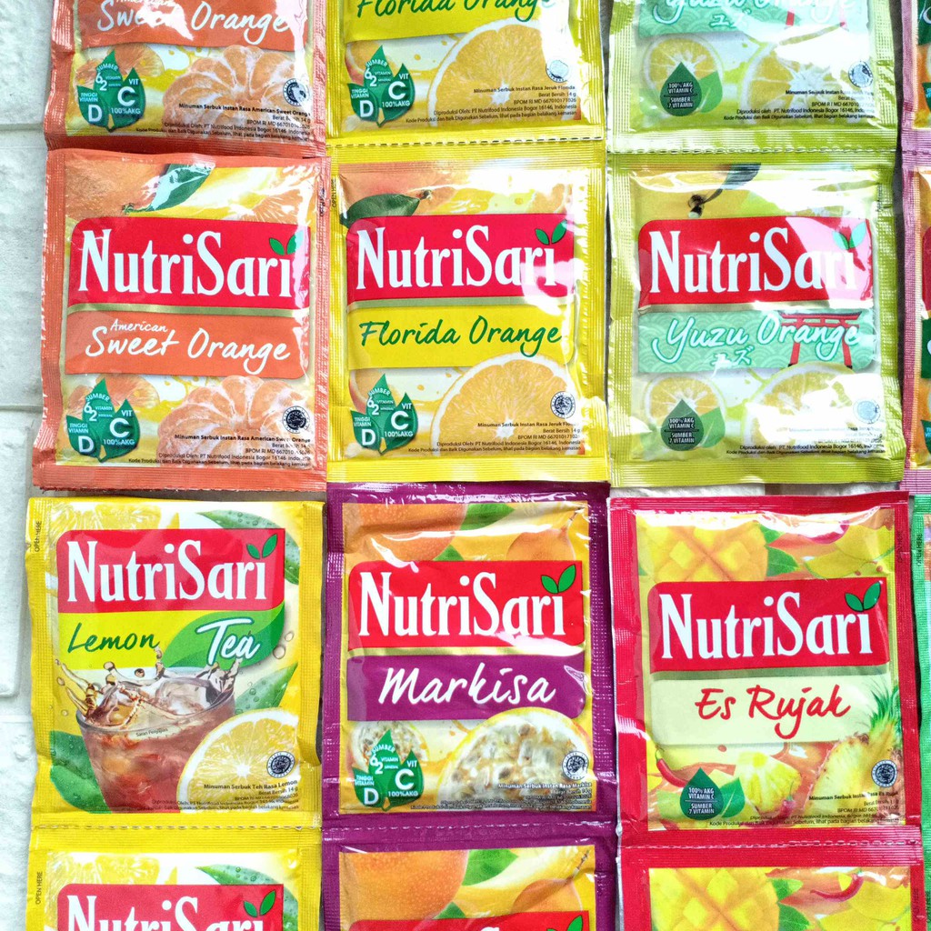 Nutri Sari NutriSari Sachet Minuman Serbuk Instan Rasa Jeruk Orange Kuwud Nipis Madu Kurma Blewah Markisa Lemon Mangga Gandaria Es rujak Kelapa Guava Anggur Cocopandan