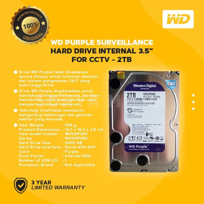 Hardisk / Harddisk / HDD WD Caviar Purple 2TB Internal 3.5&quot; for CCTV Surveillance