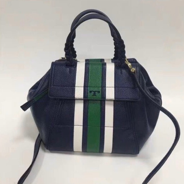 Tory Burch Half-moon Small Stripe Navy Satchel Bag