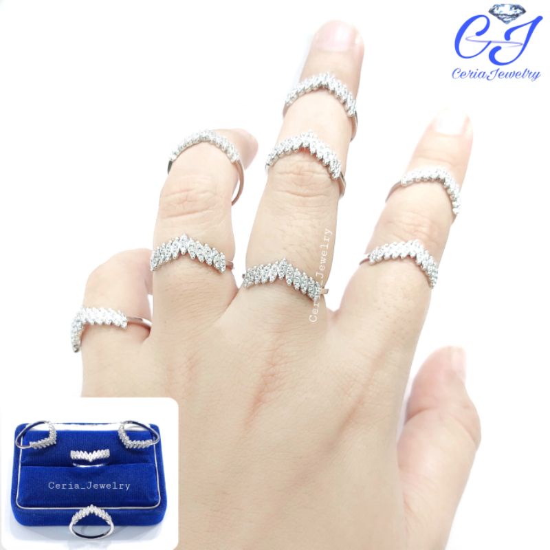 Cincin Perak Asli Silver Wanita 925 Lapis Emas Putih Model Cincin Fuji Permata , Cincin Aurel - Perhiasan Perak Wanita Asli