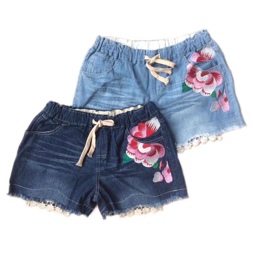 Celana Pendek Jeans Denim Wanita Bordir Mawar Aksen Renda Korea Import