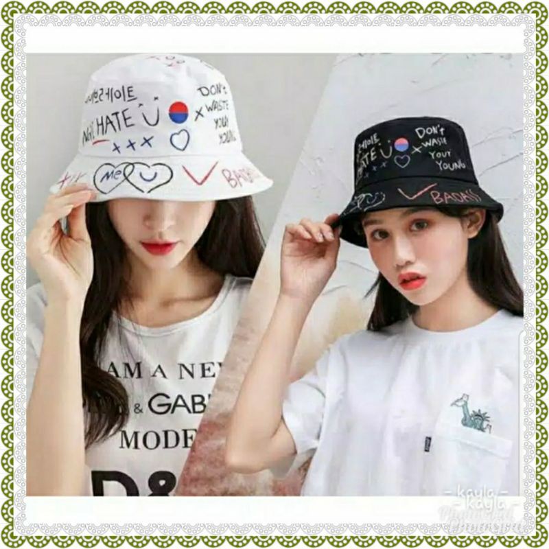 TERMURAH TOPI BUCKET KOREA LAKI CEWE SABLON BADAS