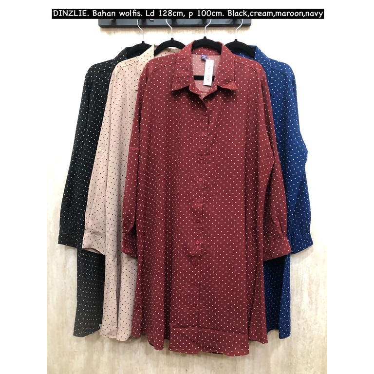 DINZLIESHOP TUNIK TUNIC KEMEJA PANJANG WANITA BAHAN WOLFIS UKURAN JUMBO XXXL BIGSIZE MOTIF DOT BINTI