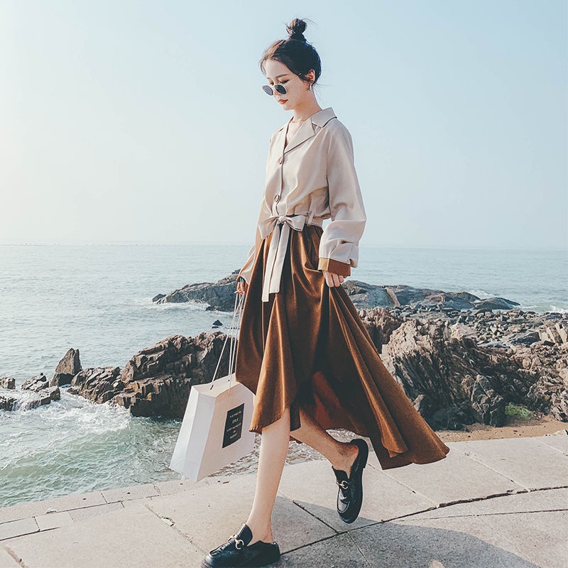 French color matching long sleeve dress women's new autumn 2021 style slim irregular Hepburn A-line