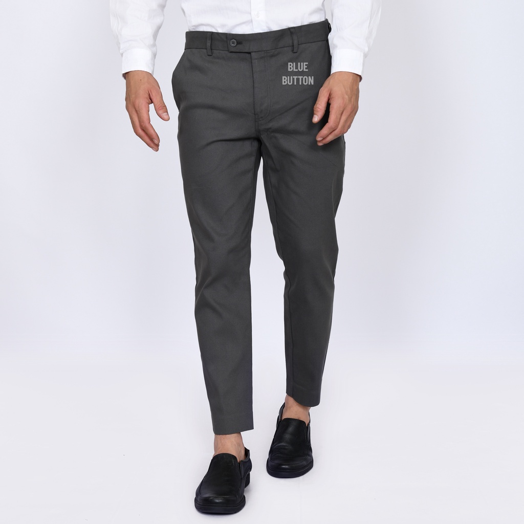 BlueButton Smart Chino Ankle Pants Slim Fit Stretch Magic Waist - Celana Panjang Chino Pria Kerja Formal Kantor Dark Grey