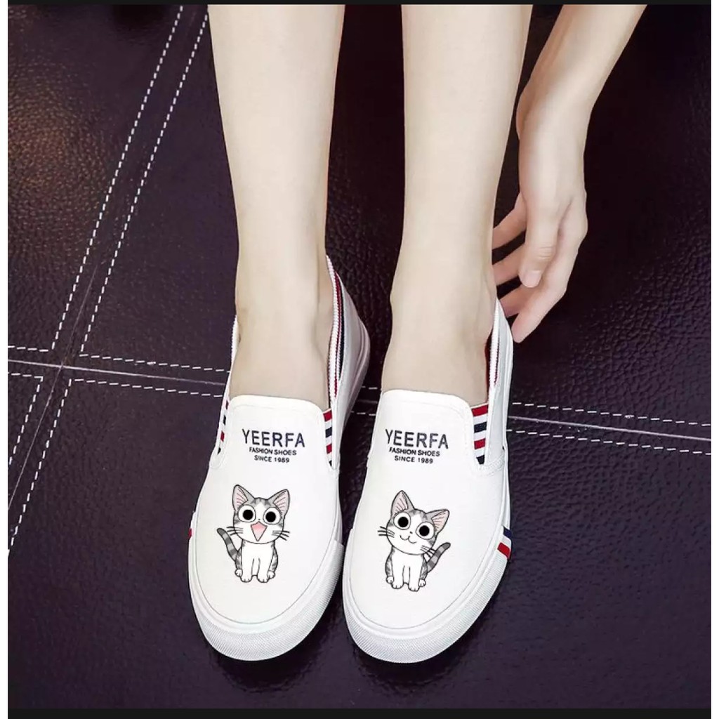 HD- SEPATU WANITA SLIP ON MEOW CAT PRINTING MURAH - HITAM PUTIH ABU DAN BIRU DONGKER