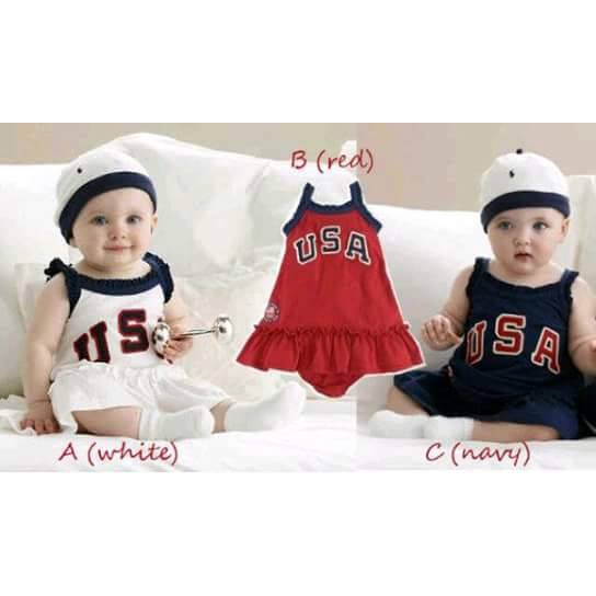 Dress Kutung Bayi Perempuan Impor Putih Polo USA + Topi ukuran 6-12bulan