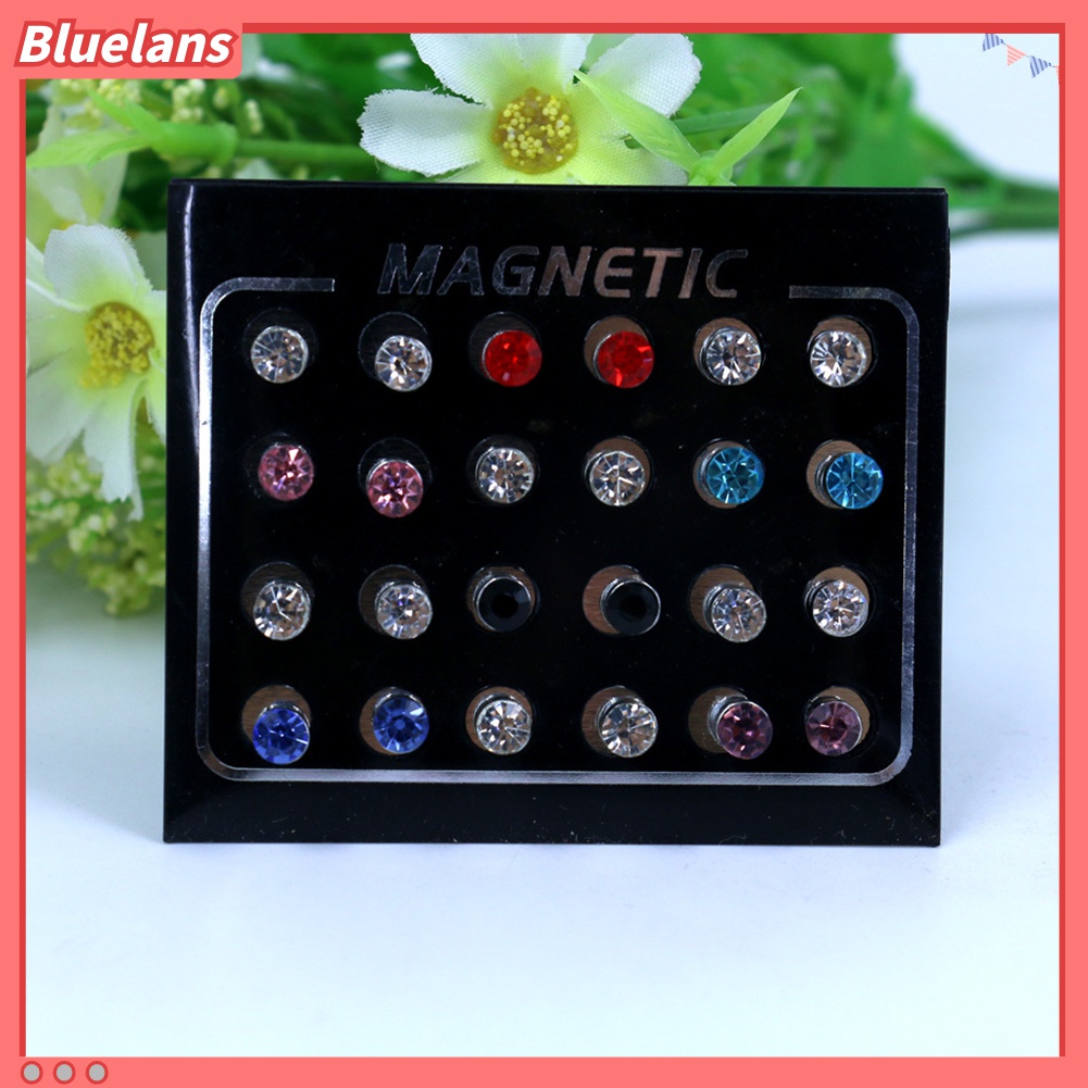 12 Pasang / Set Anting Stud Magnetik Berlian Imitasi Untuk Unisex