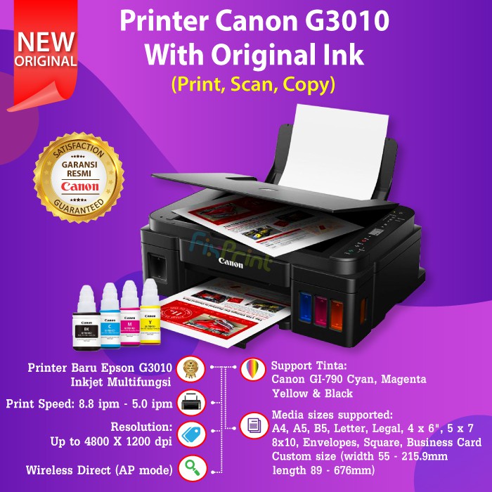 Printer Canon G3010 WiFi Print Scan Copy Wireless Tinta Original GI790 790 Black Cyan Magenta Yellow