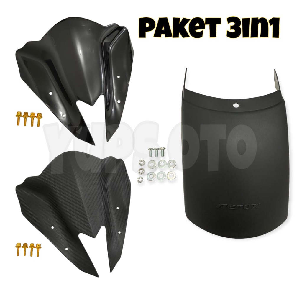 3IN1 PAKET UNTUK AEROX VARIASI MOTOR SAMBUNGAN SPAKBOR AEROX + VISOR AEROX KARBON / HITAM + BAUT VISOR CNC GOLD PENDEK 4BIJI UNIVERSAL SEMUA MOTOR AEROX
