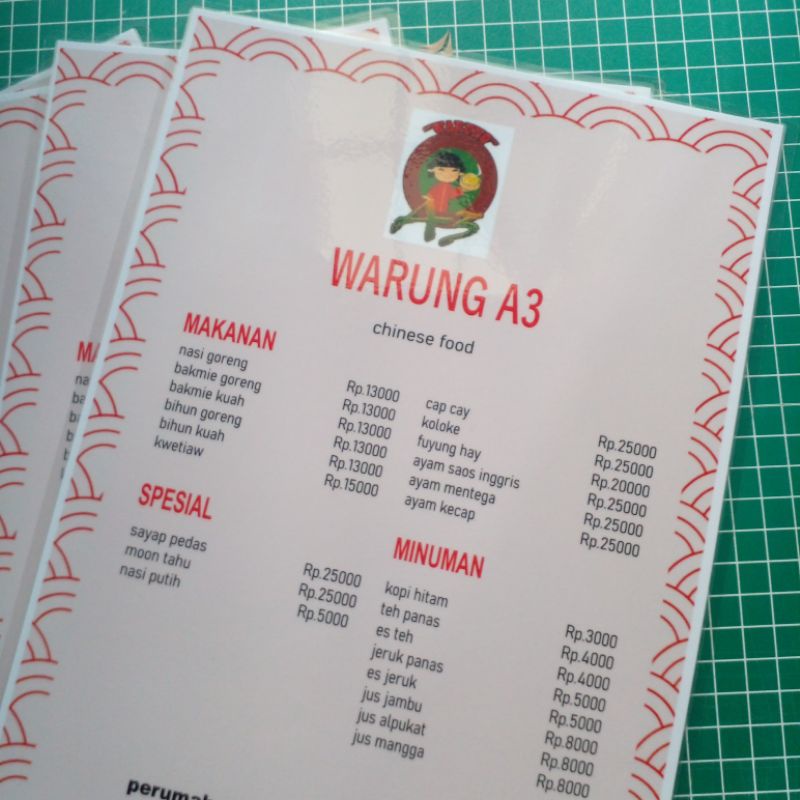 

Cetak menu meja / leaflet / poster laminating tebal A4