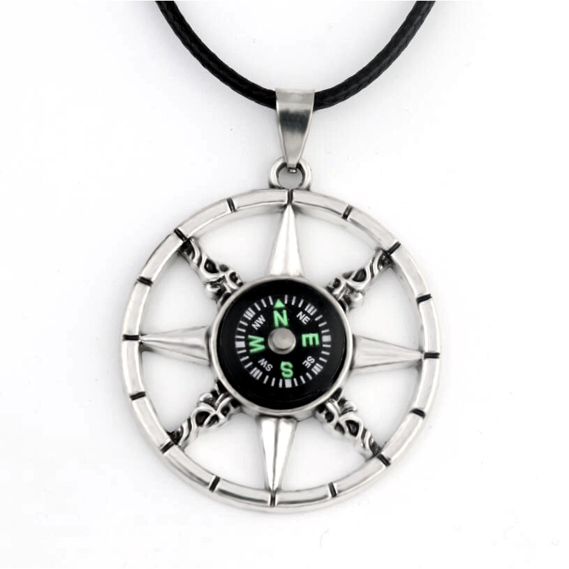 Baru Kompas Tali Kulit Baja titanium Kalung Cowok Dan Cewek Liontin Baja titanium Liontin Pasangan Kalung