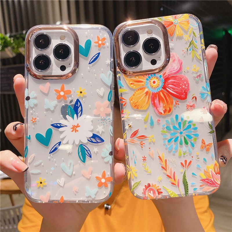 Case Pelindung Lensa Transparan Motif Bunga Bahan Metal Untuk iPhone 13 13pro 11 12proMax