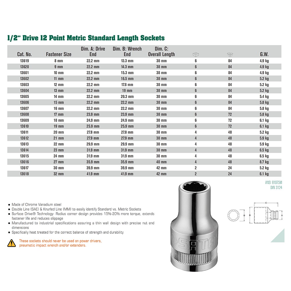 SATA TOOLS Socket Satuan 1/2 Inch 12 mm 12 point 13603