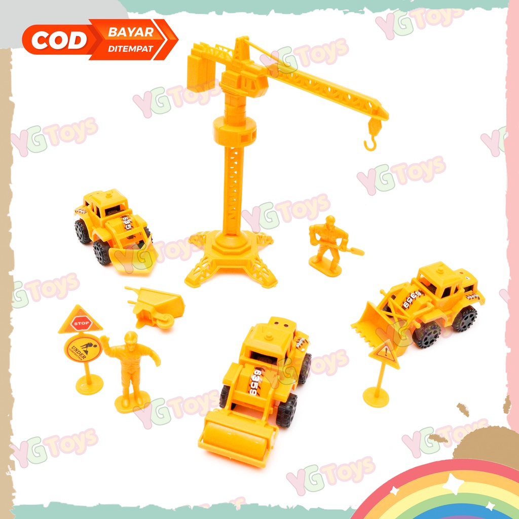 YGtoys Mainan Mobil Mobilan Konstruksi Tower Crane Set dan Orang Construction Worker Contruction Excavator Beko Bulldozer Crane