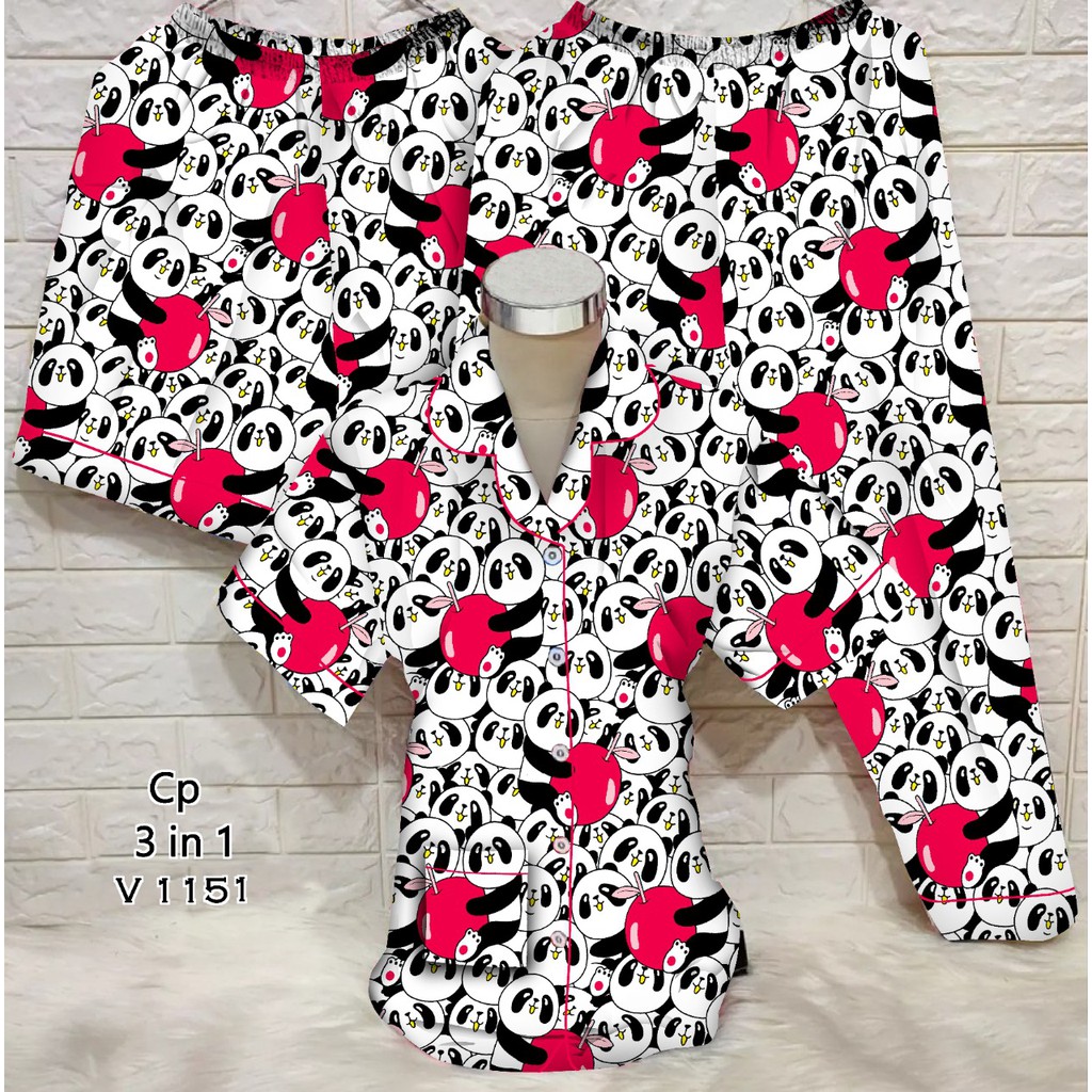 JNV Piyama CP 3in1 Wanita Motif Karakter Kartun 03 - Baju Tidur 3in1 - Bahan Katun-Panda Apple Merah