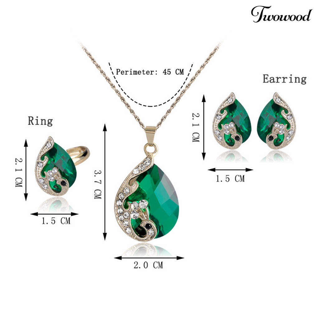 1 Set Kalung Anting Cincin Desain Merak Aksen Berlian Imitasi Bahan Alloy Untuk Wanita