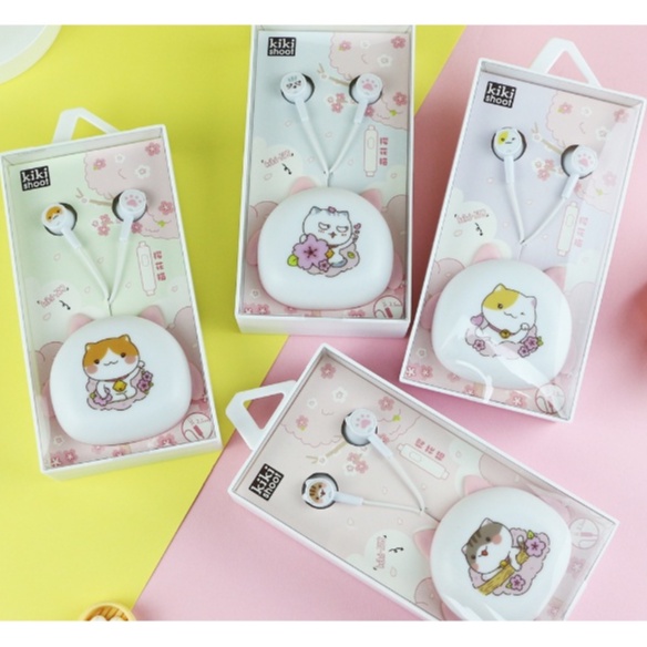 [KIKI-353] Set Headset Earphone SAKURA CAT / Wadah Earphone Kartun KUCING dengan Bunga SAKURA