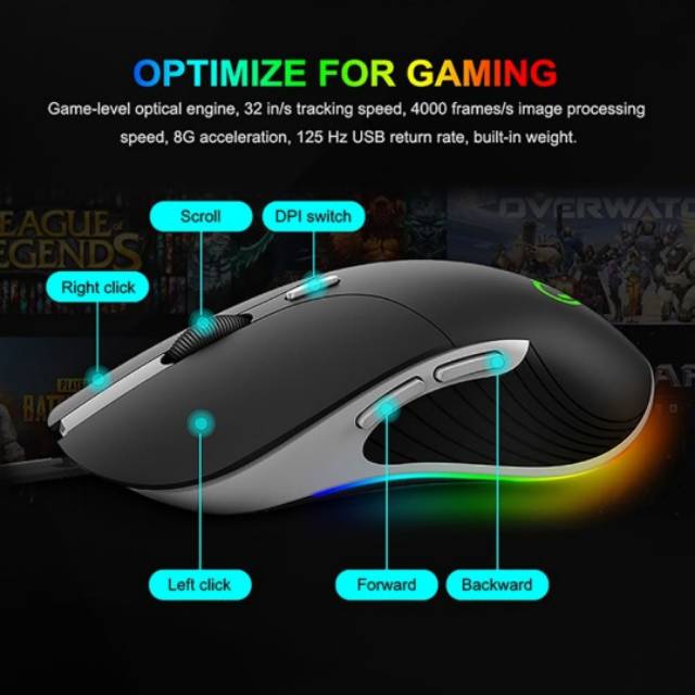 JOYSEUS RGB Gaming Mouse 3200DPI LED USB Professional Gaming Mouse X6 Black