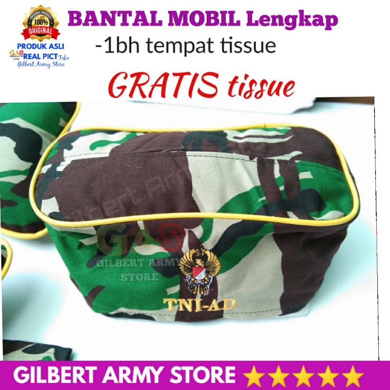 Paket Lengkap Bantal Mobil seatbelt tempat tissue Loreng Tni AD Pajangan dashbord mobil penyangga Leher