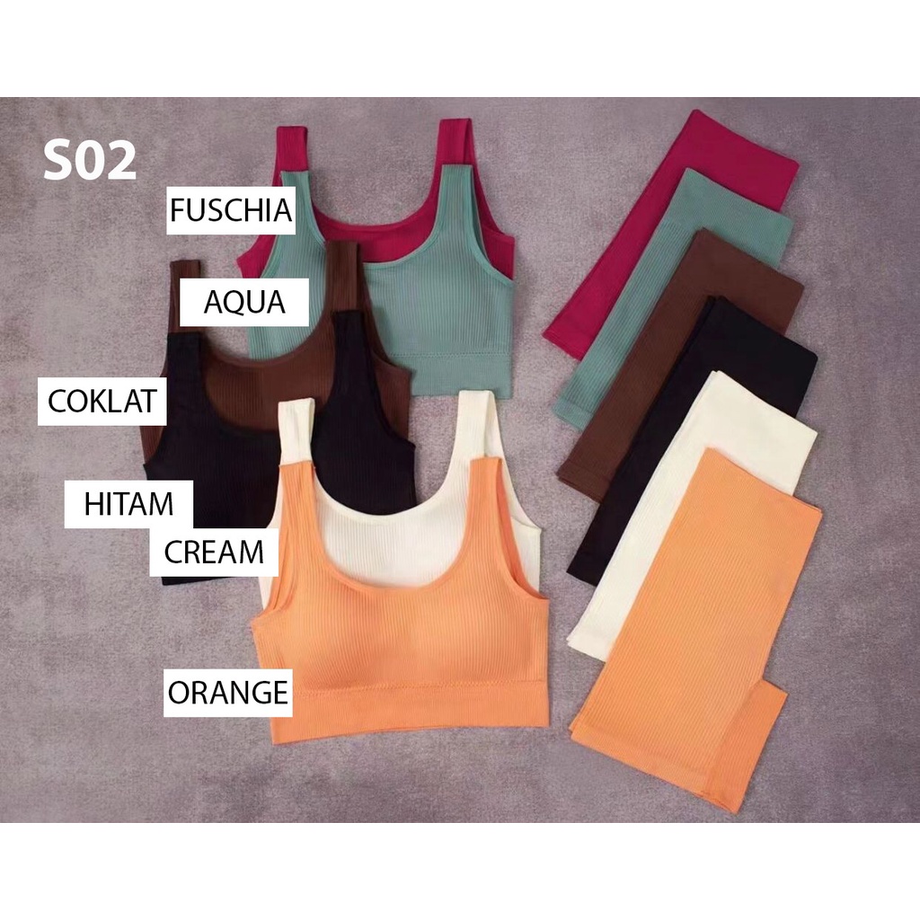 Set02 Crop top set sport bra legging rib knit pakaian dalam yoga gym fitness baju luar celana ketat 
