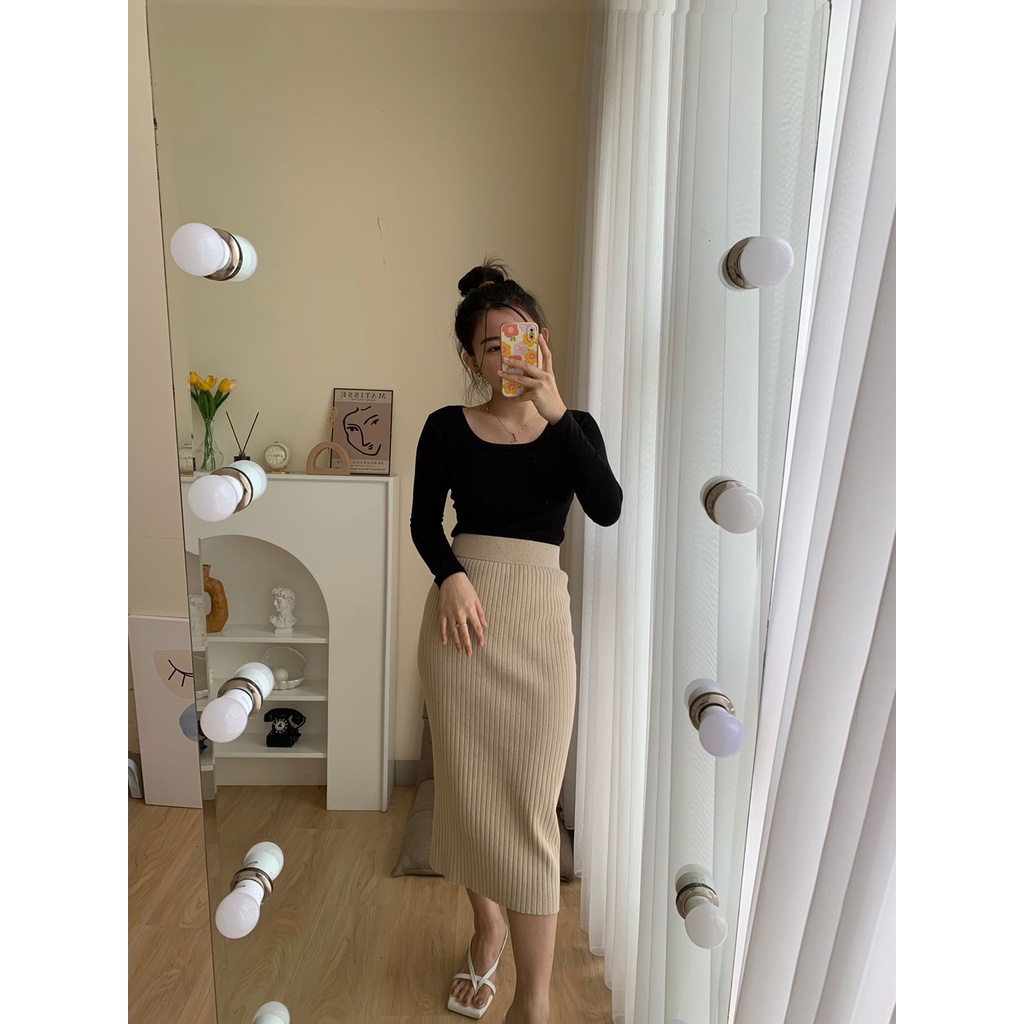 GirlWish Fashion Korean Crop Knit Top Long Sleeve U-Neck Knit Top Atasan Crop Lengan Panjang Atasan Wanita LS001