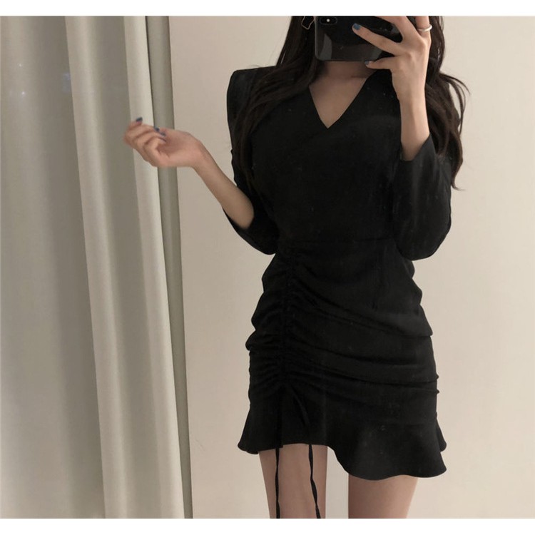 KDR-43 elegant dress v-neck kerut fashion wanita import korea