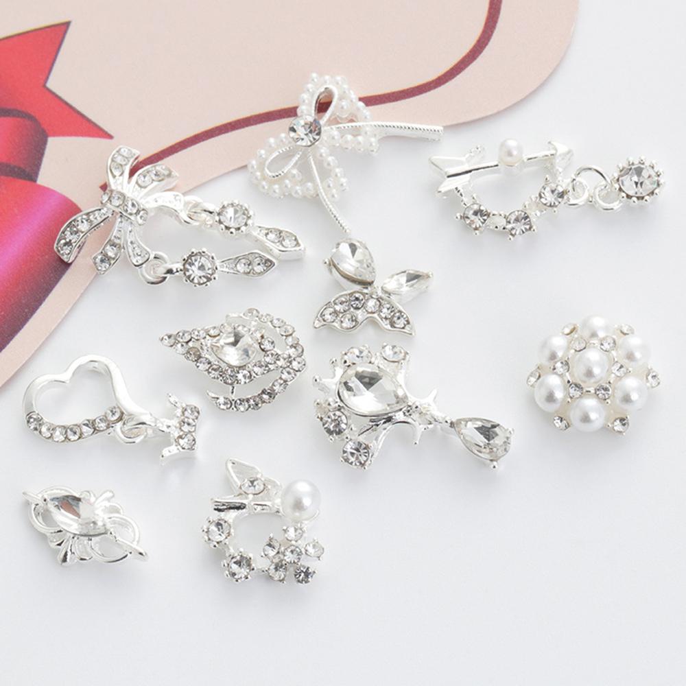 MXBEAUTY Dekorasi Nail Art Perak Mewah Charms Bunga Rumbai Rantai Liontin Busur Simpul 3D Kuku Zirkon