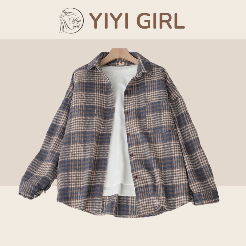 YIYI GIRL - Kemeja Wanita Casual Kotak Kotak Korean Style