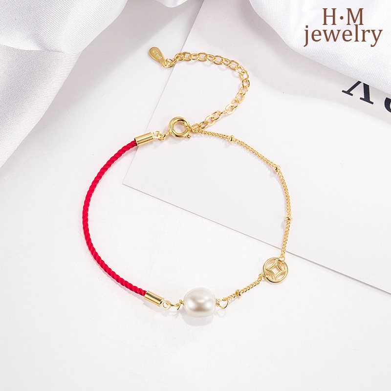 Gelang Tali Merah Aksen Mutiara Bahan S925 Silver Gaya Retro